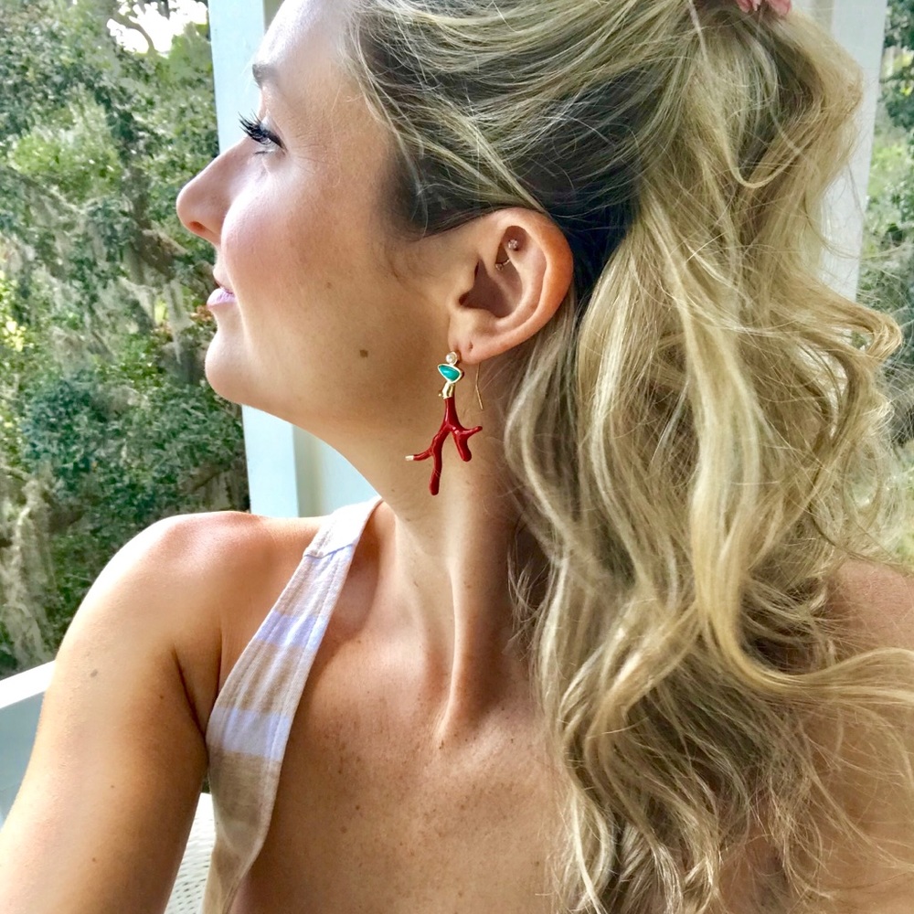 NWT Coral Drop Earrings | Red + Turquoise + Gold - Picture 5 of 8